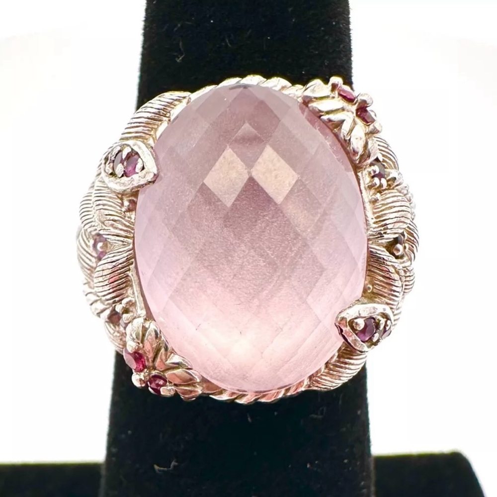 Judith Ripka rose quartz and amethyst sterling fleur-de-lis ring